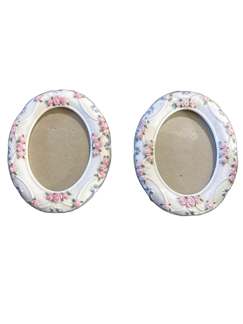Vintage Porcelain Oval Picture Frames Pair Pink Roses 3D Floral Taiwan 5x4
